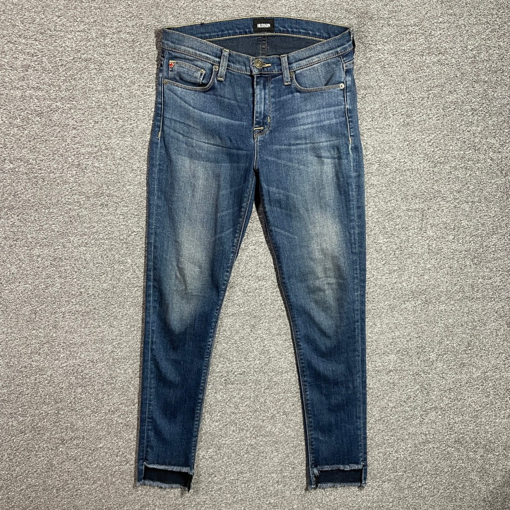 Hudson Skinny Jeans Womens 27 Medium Wash Raw Frayed Hem Blue Denim Mid Rise